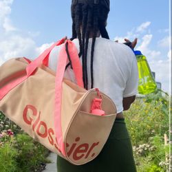 Glossier Duffle Bag Medium 20"x10"x10" Brown Pink Desert Rose Zip Strap Canvas 