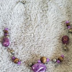 Vintage Purple/White Swirl Glass,  Wooden And Silvertone Beads On Triple Strands.