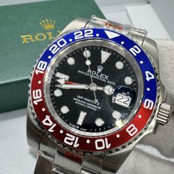 Brand New Black Face / Blue And Red Bezel / Silver Band Formal Watch With Box! 