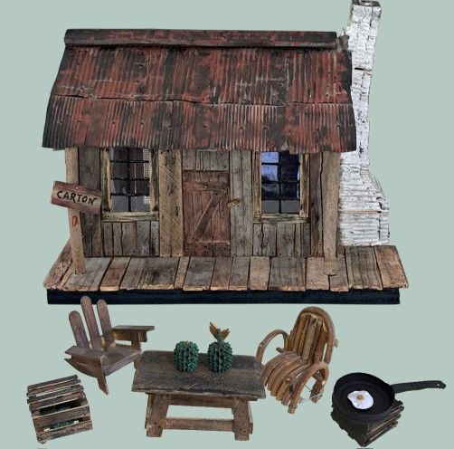 Rustic Handmade Wooden Cabin Diorama 15" Signed J. Ewen w/ Furniture & Decor