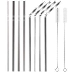 New US 8pcs 10.5" Stainless Steel Ultra Long Metal Cocktail Straw + 2 Cleaner Brush