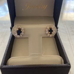 Diamond And Sapphire Stud Earrings 14 Karat Gold, Two Oval Sapphires, Halo Style 20 Diamonds