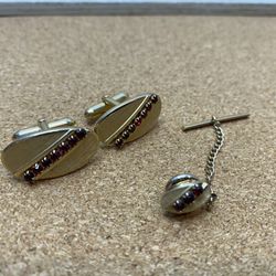 Swank vintage cuff links and tie tack with safety red set stones 1024 classy retro golden   #swank #set #vintage #retro #prom