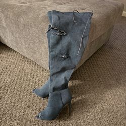 Denim Jean Open Toe Knee High Boots