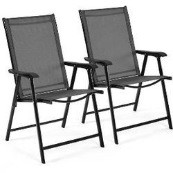 Set of 2 Outdoor Texteline Folding Dining Chairs with Backrest/ Armrests, All Weather Chairs for Garden/ Lawn/ Porch/ Backyard Pool