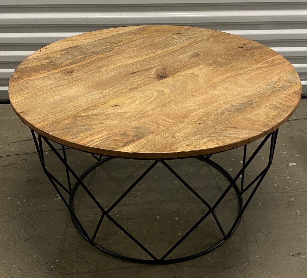 Vintage Round Wooden Coffee Table with Metal Base