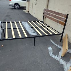 Queen BedFrame with Headboard,Metal Platform Farmhouse Bed Frame Wood Slat,Sturdy Heavy Duty Bed Frames,No Box Spring Needed,Easy Assembly,Under Bed S