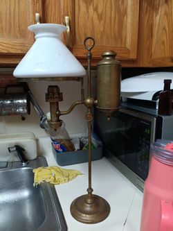 Antique Brass Student Oil Lamp with Milk Glass Shade