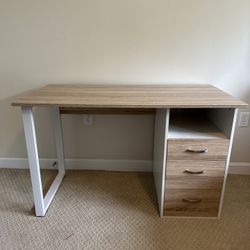 Wood And White Metal Desk, 3 Drawers And Cubby
