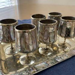 Alpaca Vintage Silver & Abalone Cordial Mini Goblet Set Made in Mexico