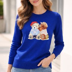 Women’s Royal Blue Knit Sweater with Teddy Bear Rhinestone Detail