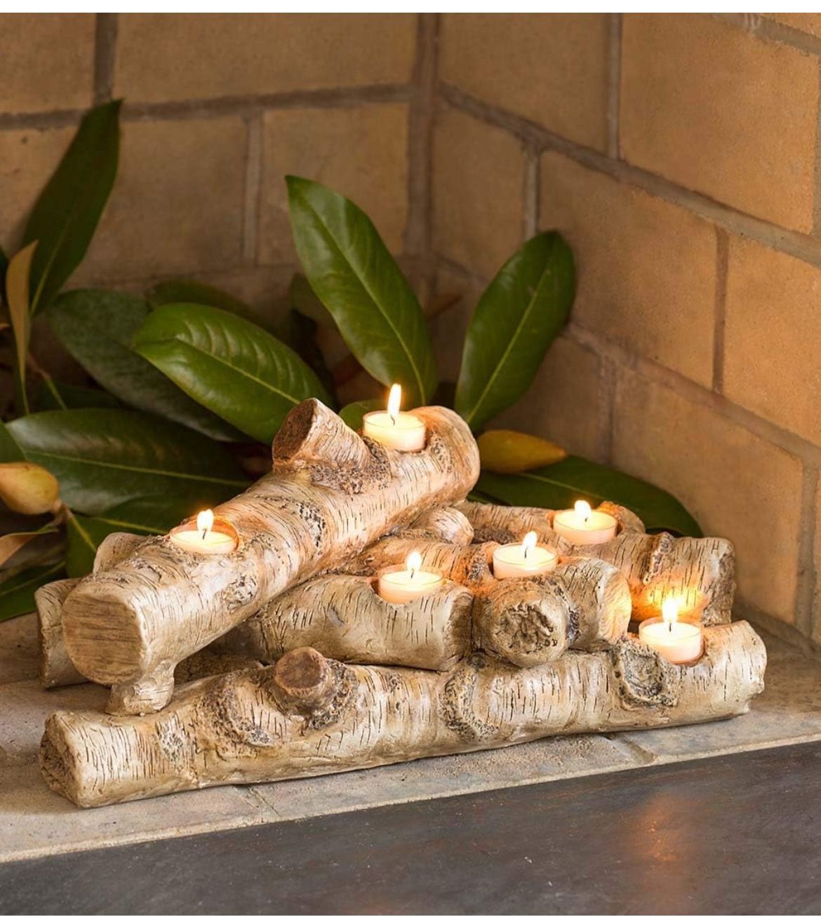Plow & Hearth Faux Wood Resin Logs Tea Lights Candle Holder, Birch