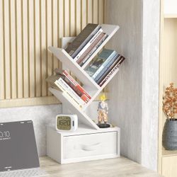 Small Bookshelf with Drawer,4 Tier Tree Book Shelf