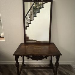 Antique Mirror and Table Set – Solid Wood with Beveled Leaded Glass mirror