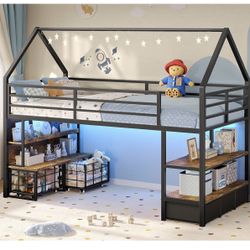 ADORNEVE Twin Low Loft Bed with 5 Storage Drawers, Bookcase & LED