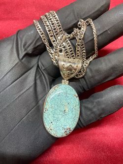 Vintage Sterling Silver Spiderweb Turquoise Pendant Necklace w/ Heavy 24” Sterling Chain
