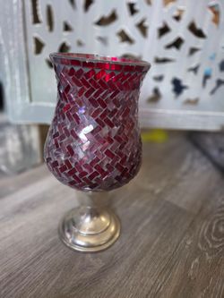 Red Mosaic Glass Candle Holder on Silver Base