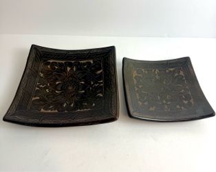 2-Piece Square Floral Dinner Plate Set, Black/Gold, Made in Indonesia