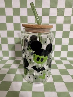Disney Libbey Glass Cup, With Glass Straw, Bamboo Lid 