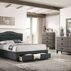 Brand New Charcoal Or Brown Linen Queen Storage Bedframe + Dresser + Mirror + Nightstand 4PCs Set