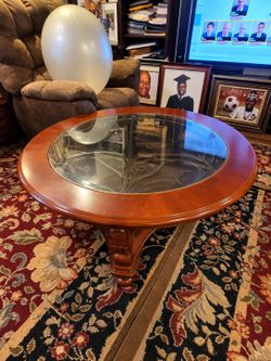 Round Wood Coffee Table with Glass Top