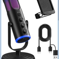 Gaming Microphone for PC, Noise Cancellation Condenser Mic with RGB Lights, Mute, Monitoring, Pop Filter, Desktop-Mic for Streaming/Podcasting/Recordi
