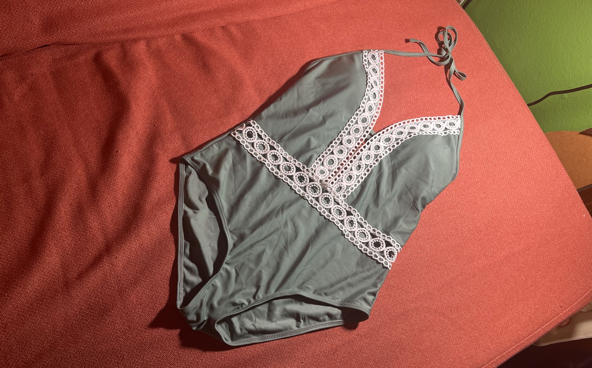 NWOT Olive Green With White Tie In Back One Piece Bathing Suit