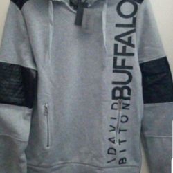 BUFFALO DAVID BITTON ESTABLISHED SINCE 1972 MEN'S THICK HEAVYWEIGHT HOODIE JACKET SIZE MEDIUM GRAY LEATHER PADDING ZIPPER POCKETS BRAND NEW WITH TAGS.