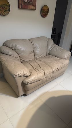 Beige Leather Loveseat Sofa