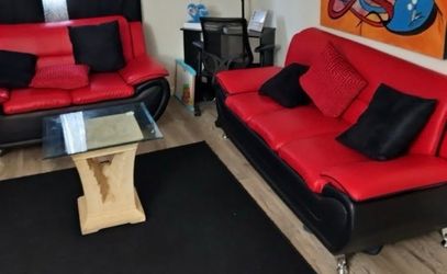 Three piece red and black leather sofa set **** MEGA DEAL***