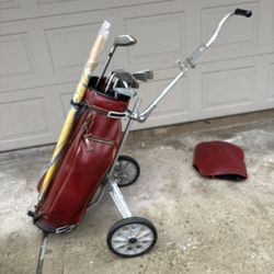 Complete golf clubs set of  Spalding Sure Flight Plus P thru 9 Irons + mix Putter 3 drivers as per pictures & video + vintage leather Spalding bag w/