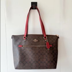 Coach Gallery Tote Bag Signature Canvas Walnut/True Red Leather Trim Purse NWOT