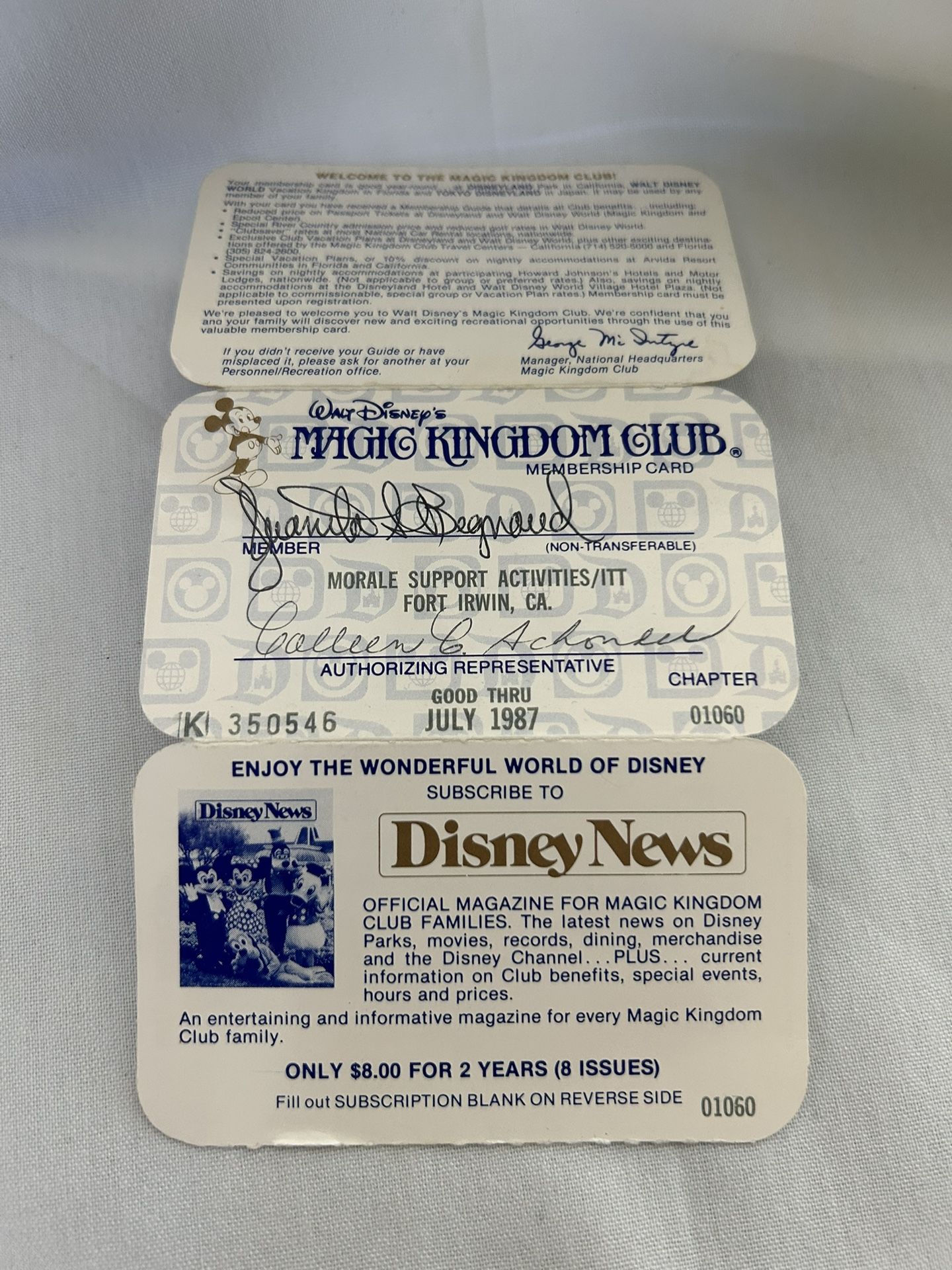 Walt Disney Magic Kingdom Club Card 1987