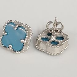 Chic Silver Turquoise Clover Motifs Stud Earrings