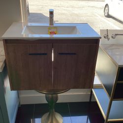30” Wall Mounted Vanity Walnut, Ceramic Top, Available For Pick Up