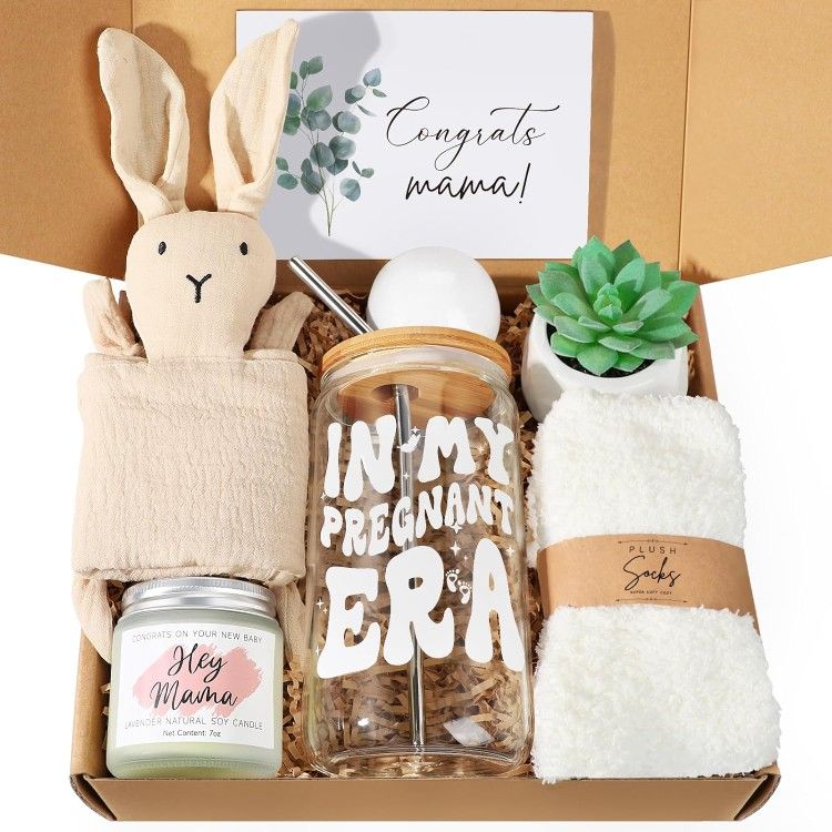Mommy Baby Gift Set Includes a Bunny Lovie, a glass tumber with a wooden lid, soy candle fuzzy socks, bath bomb, card, succulen,t  metal straw & brush