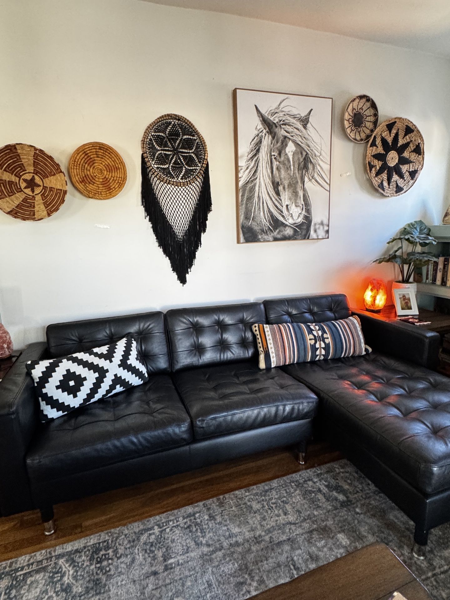 IKEA Morabo Black Leather Sofa With Chaise