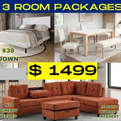 NEW 3 ROOM PACKAGE DEAL- BED MATTRESS DINING ROOM SECTIONAL SOFA AND MORE 