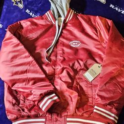 Men's Kennedy MFG Hooded Varsity Jacket Burgundy with removable Grey Hoodie Size L And 2XL 