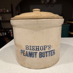 Antique Bishop’s Peanut Butter Stoneware Crock w/ Original Lid – Large – c. 1900–1920
