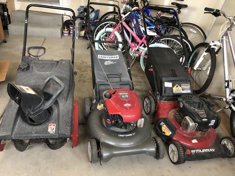 Snow thrower, lawn mower (2) Just need maintenance, used normal Craftsman 4.5 horse power dust blocker. Brigggs & Stratton 5.50 series.