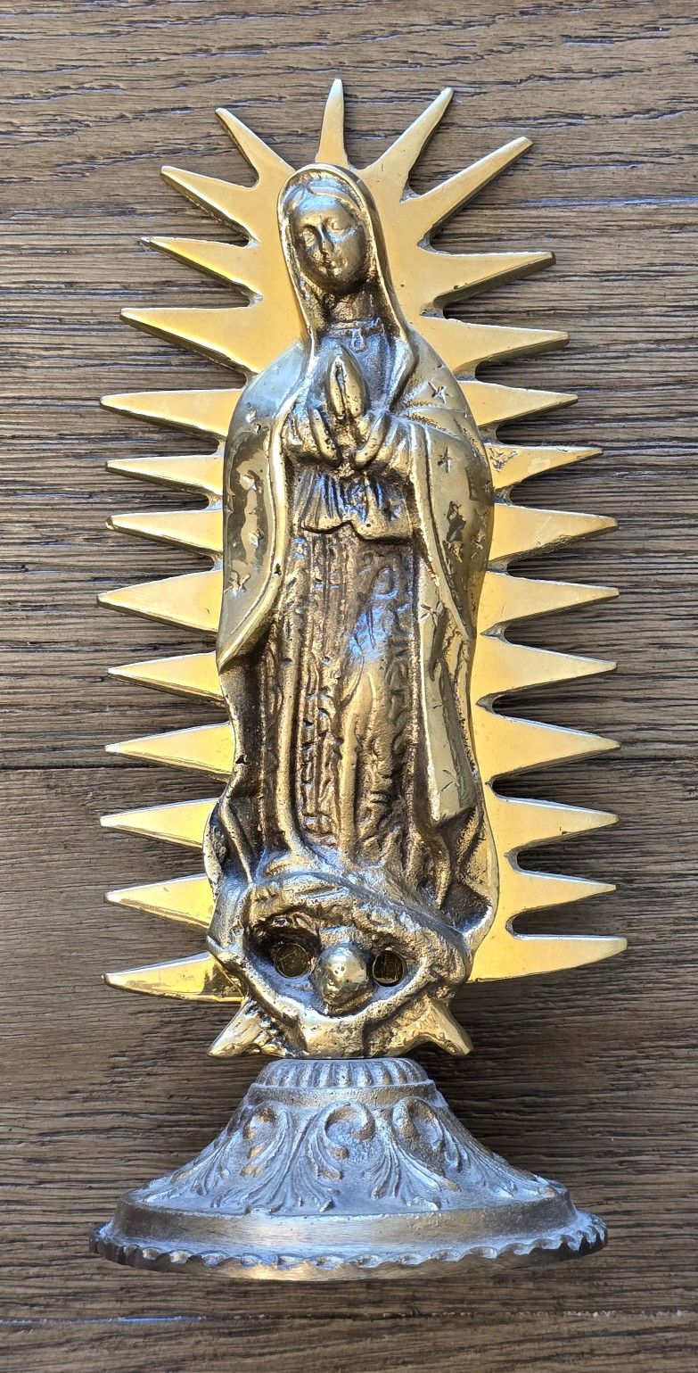 VIRGIN MARY 9" Tall Statue with Base from Mexico - Bronze Metal Material