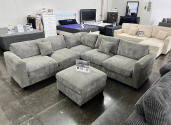 4-pc Sectional Sofa with ottoman grey corduroy