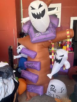 GOOSH 8 FT Height Halloween Inflatables Outdoor Ghost Tree with Ghost Pumpkin & Tombstone, Blow Up Yard Decoration Clearance with LED Lights Built-in 