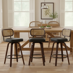 Medoc 26" Rattan Back Swivel Counter Height Upholstered Bar Stool Set of 3