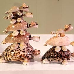 SEASHELL ART TURTLES WITH BOBBING HEADS 5"&3" Tall 