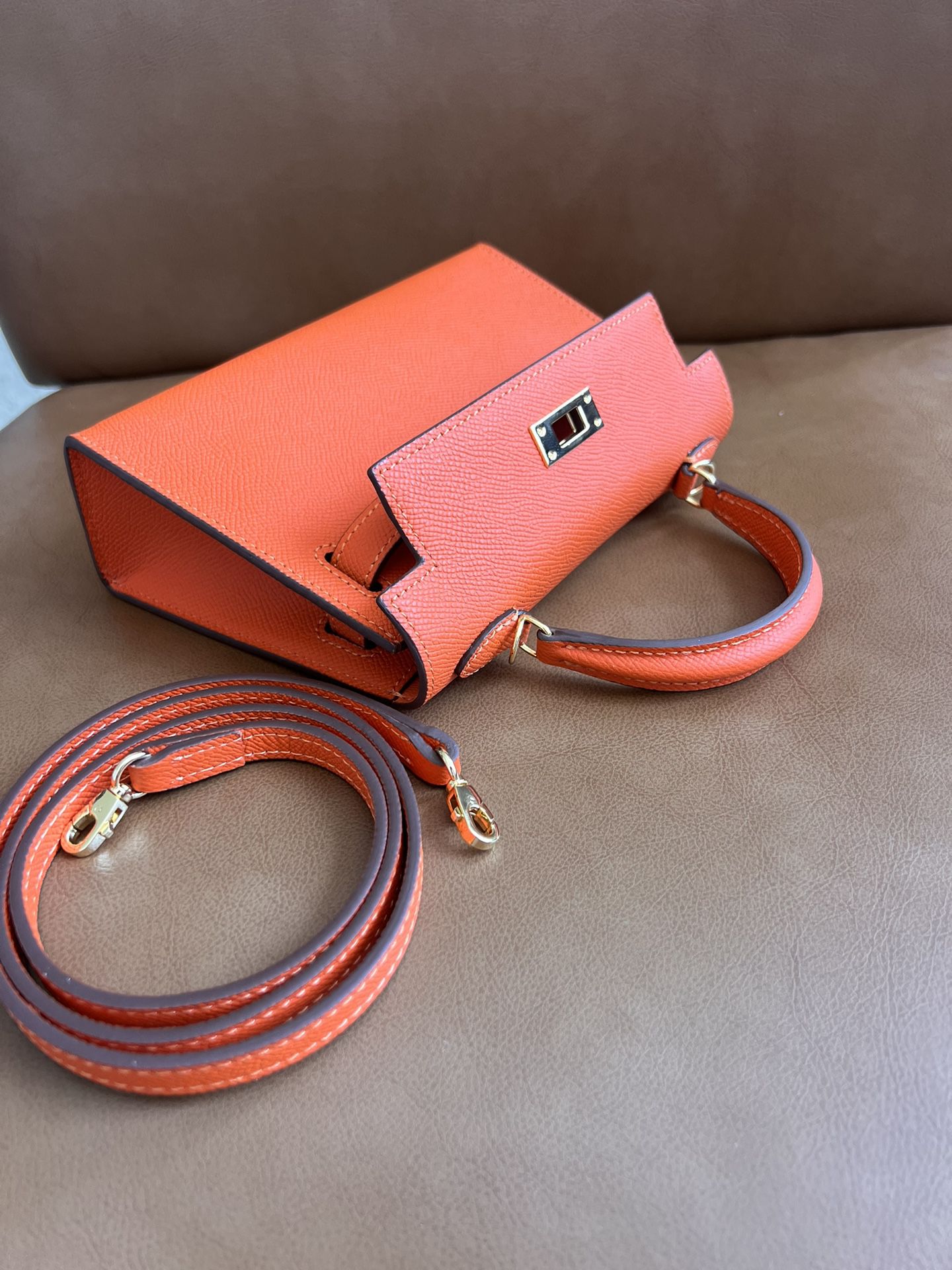 Hermes H Mini Kelly Bag Orange Color Golden Hardware Crossbody Shoulder Purse Handbag O
