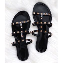 Nicole Miller Women’s Black and Gold Studded Jelly Sandals Slides size 7
