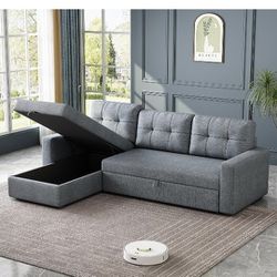L-Shape Sleeper Sectional Sofa W/Storage Chaise + Pull Out Bed