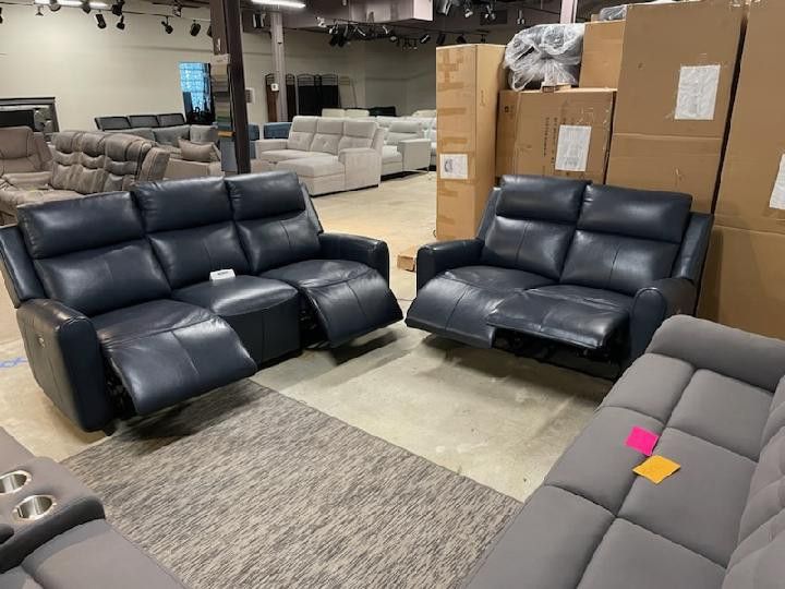 Navy Blue Leather Power Reclining Sofa And Loveseat